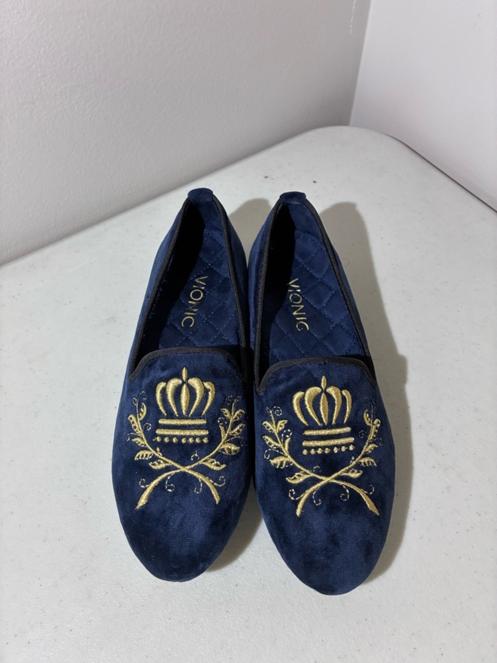 Vionic Navy Velvet Loafers with Gold Crown Embroidery